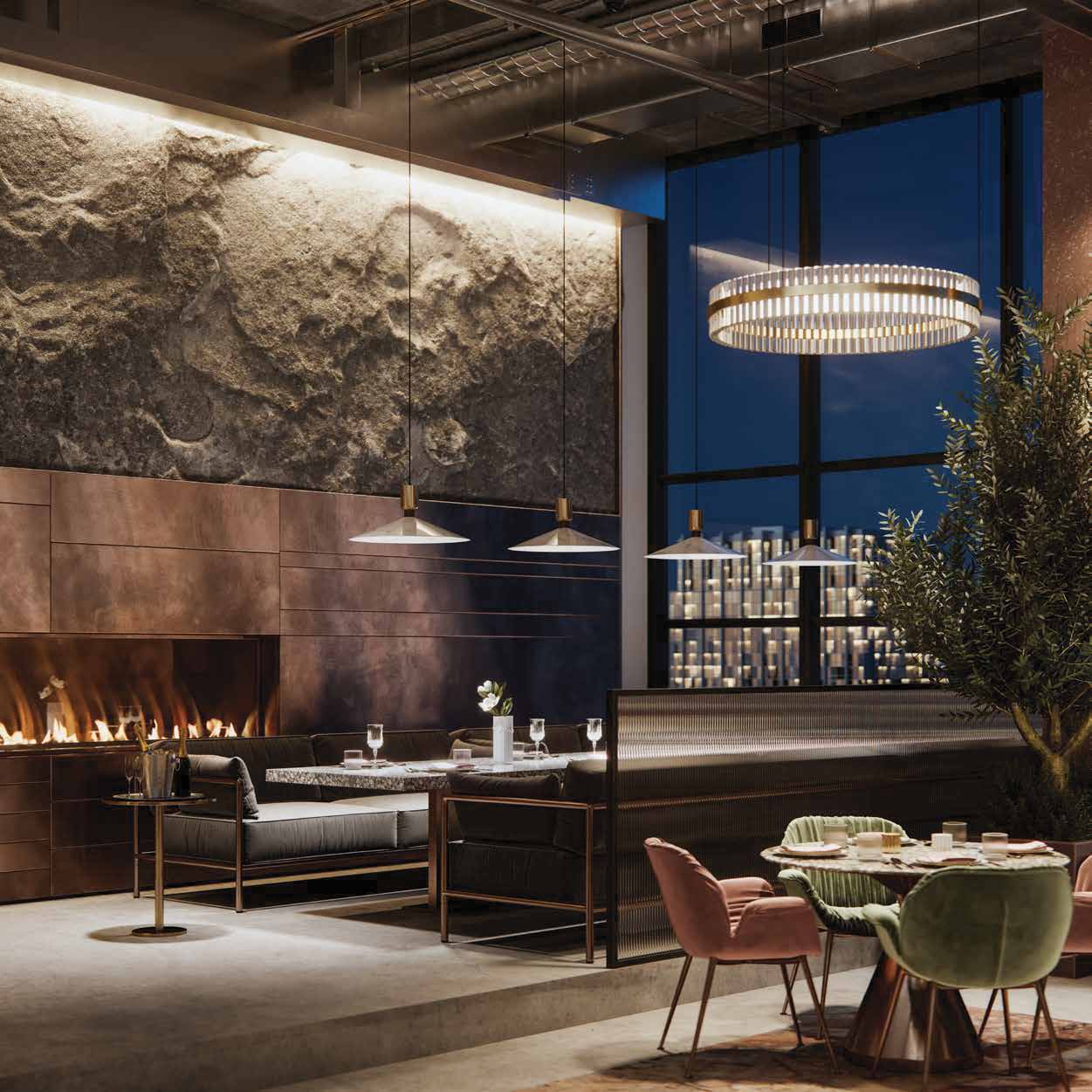 Representative image of the clubhouse lounge with fireplace, pendant lighting and dining seating