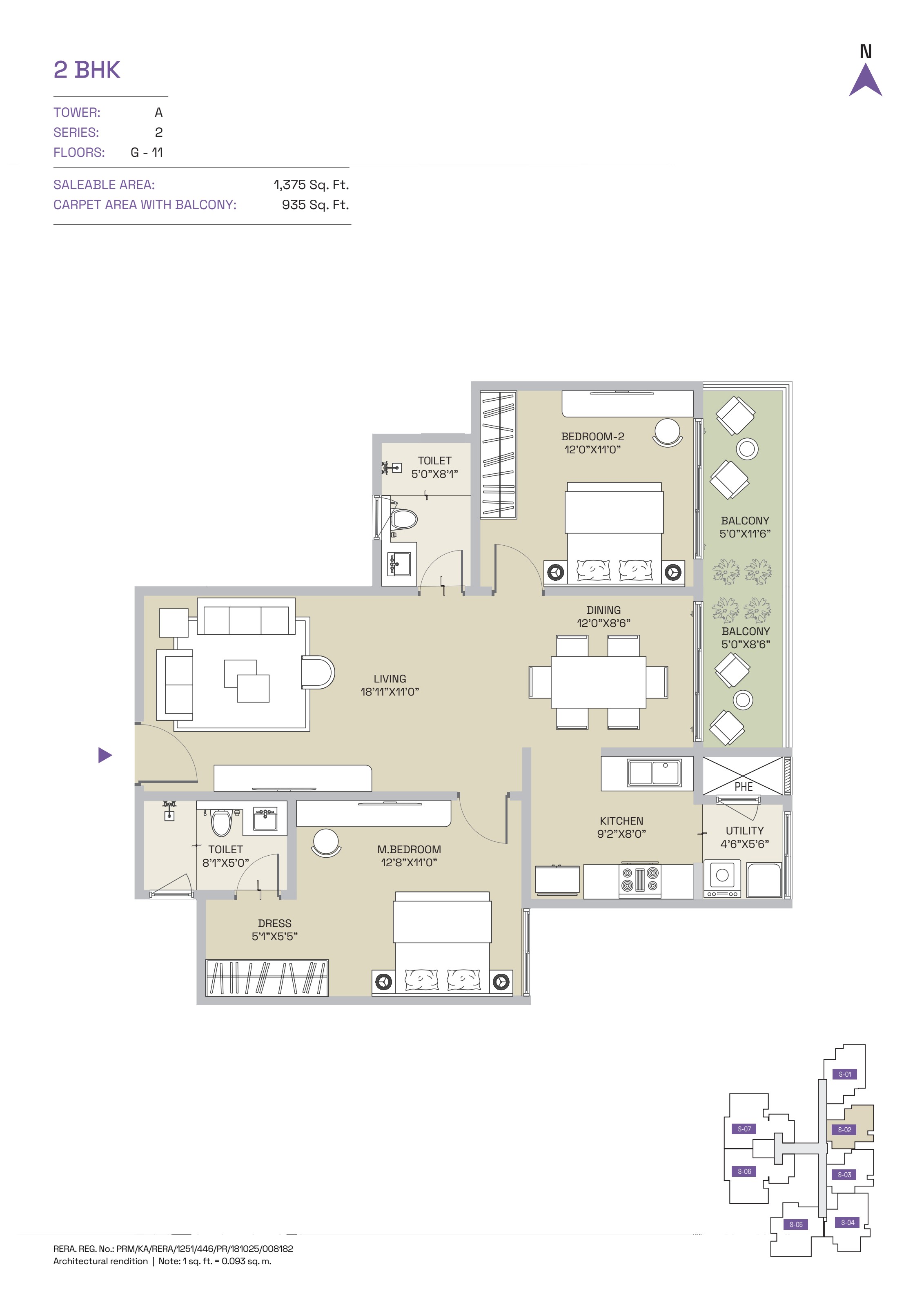 2 BHK floor plan, Tower A Series 2, 1,375 Sq. Ft. saleable area