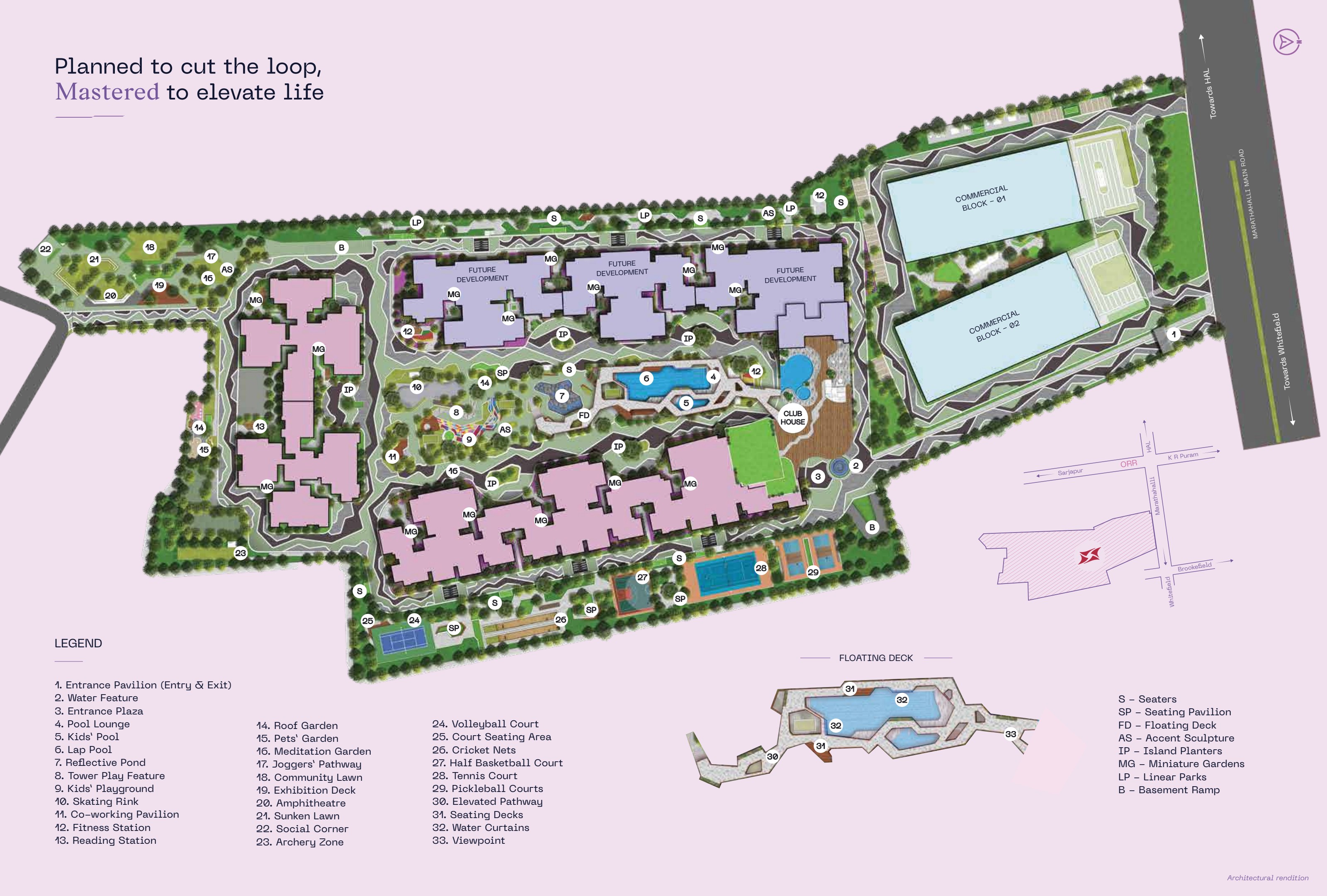 Master plan illustration of the Century Marathahalli development showing towers, the central park and the elevated boardwalk